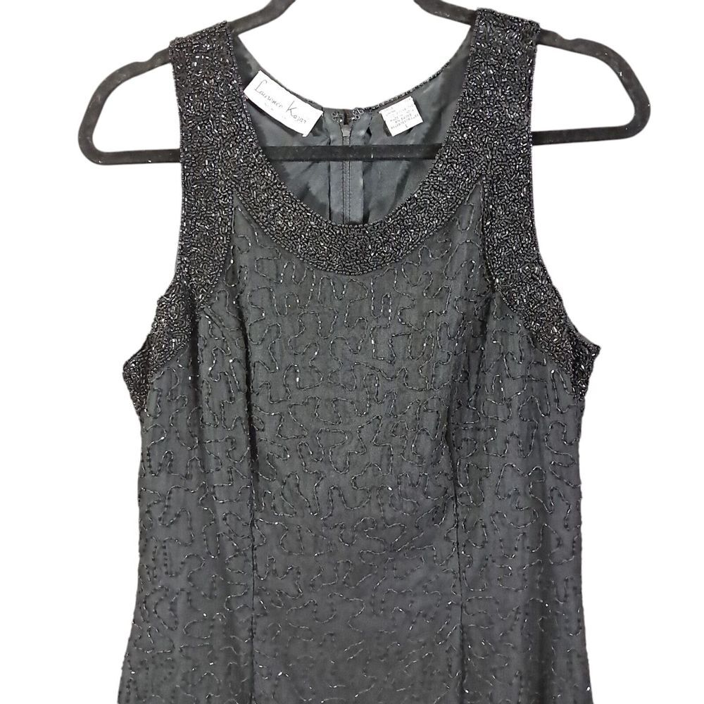 Vintage Laurence Kazar Beaded Sleeveless Dress Black Silk Cocktail Mini Large - Picture 3 of 11